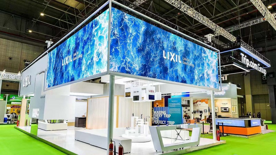 LIXIL's exhibition booth with blue display at The 3rd China International Import Expo